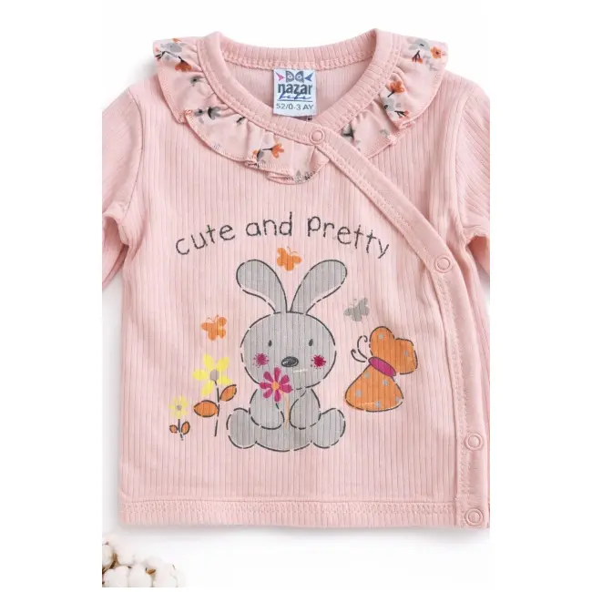 Set bebe fetita 4 piese roz bumbac bluza pantalonasi bavetica bentita imprimeu iepuras trpb0189