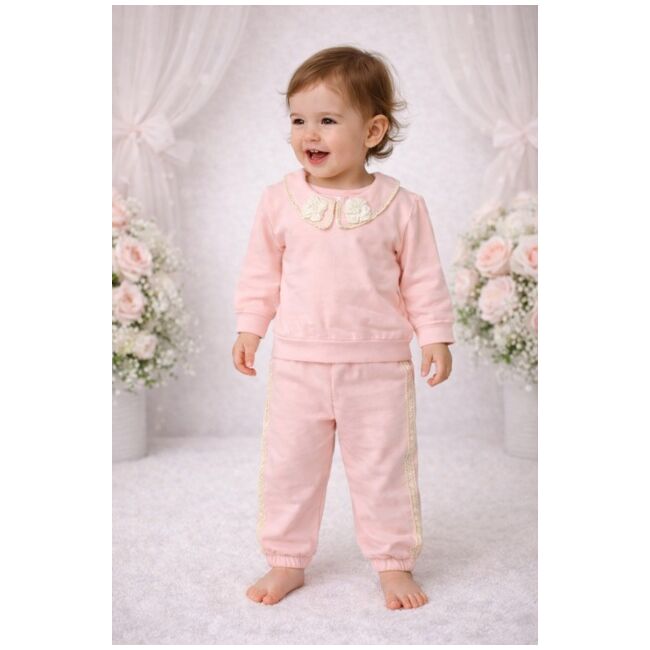 Set copii bymurat roz cu guler decorativ și pantaloni comozi bya10256-1-35