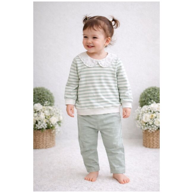 Set cu dungi verzi bymurat cu bluză în dungi și pantaloni bej comozi by10234-1-29