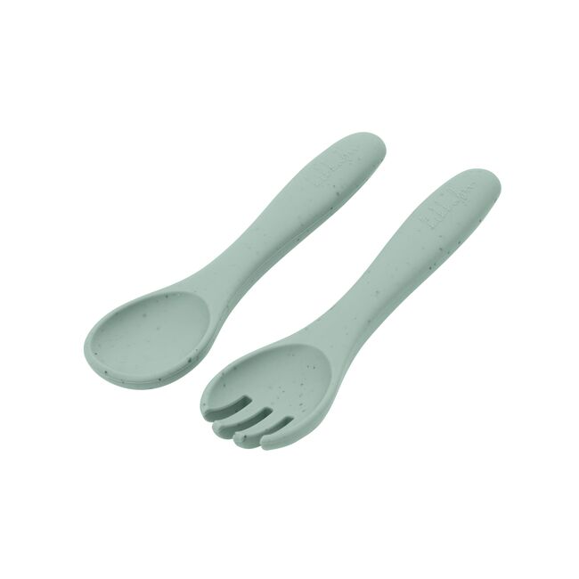 Set din silicon pentru primele mese: lingurita si furculita, Platinum Sage Green