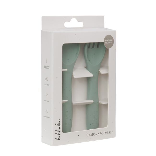 Set din silicon pentru primele mese: lingurita si furculita, Platinum Sage Green