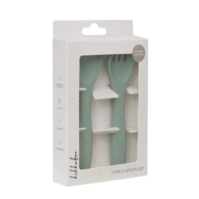 Set din silicon pentru primele mese: lingurita si furculita, Platinum Sage Green