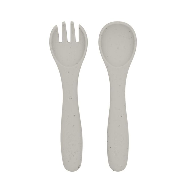 Set din silicon pentru primele mese: lingurita si furculita, Platinum Sand
