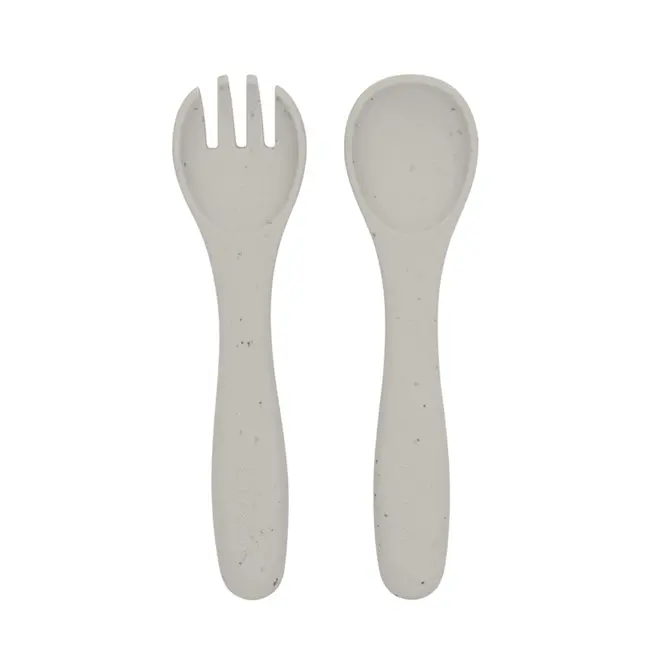 Set din silicon pentru primele mese: lingurita si furculita, Platinum Sand