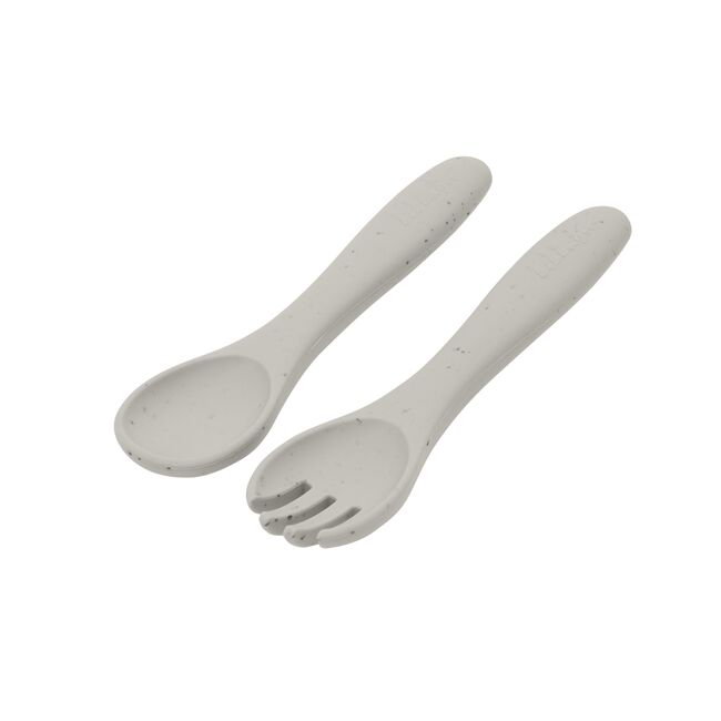 Set din silicon pentru primele mese: lingurita si furculita, Platinum Sand