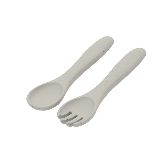 Set din silicon pentru primele mese: lingurita si furculita, Platinum Sand
