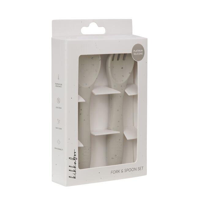 Set din silicon pentru primele mese: lingurita si furculita, Platinum Sand