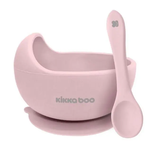 Set hranire 2 piese, Bol din silicon cu ventuza si lingurita, Yummy, Pink