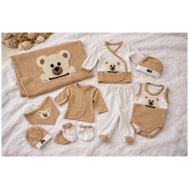 Set nou nascut 10 piese bumbac crem cu ursulet haine complete bebe cadou maternitate trpb0191