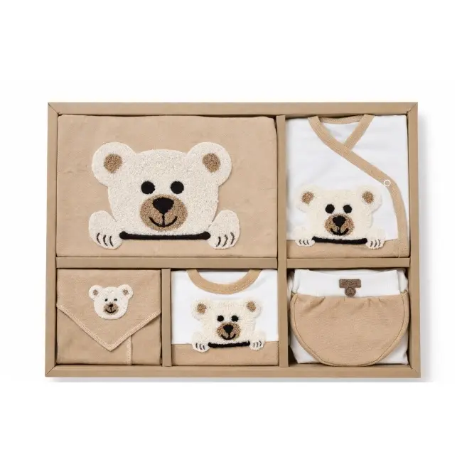 Set nou nascut 10 piese bumbac crem cu ursulet haine complete bebe cadou maternitate trpb0191