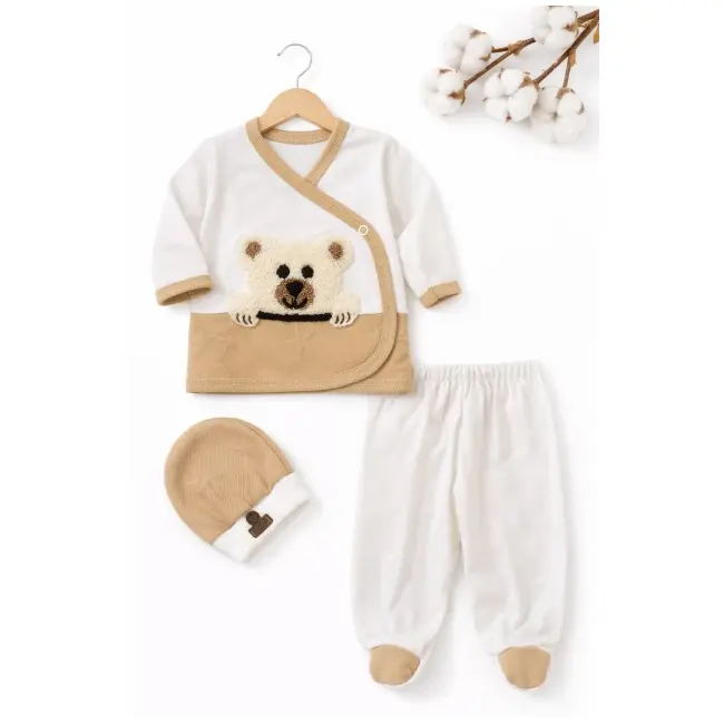 Set nou nascut 10 piese bumbac crem cu ursulet haine complete bebe cadou maternitate trpb0191