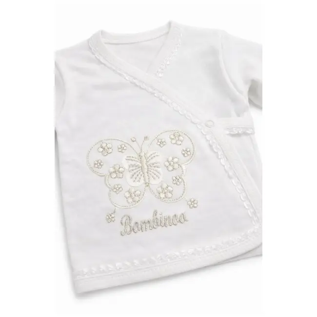 Set nou nascut 5 piese alb bumbac cu fluture bluza pantaloni caciulita bavetica trpb0194