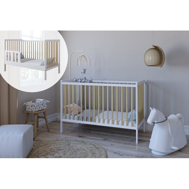 Patut 2 In 1 Lumi Alb-natur 120x60 Cm Din Lemn, 3 Niveluri Somiera, Trepte Detasabile + Bariera Transformare Pjblumibw-n