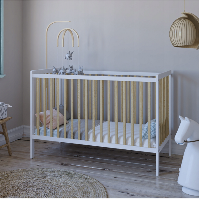 Patut 2 In 1 Lumi Alb-natur 120x60 Cm Din Lemn, 3 Niveluri Somiera, Trepte Detasabile + Bariera Transformare Pjblumibw-n