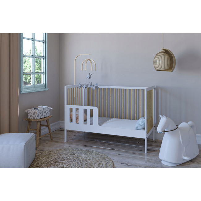 Patut 2 In 1 Lumi Alb-natur 120x60 Cm Din Lemn, 3 Niveluri Somiera, Trepte Detasabile + Bariera Transformare Pjblumibw-n