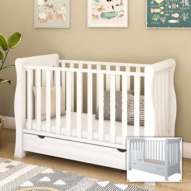 Patut 2 In 1 Megan Alb 120x60 Cm Din Lemn, 3 Niveluri Somiera, Trepte Detasabile + Bariera Transformare + Sertar Integrat Pjbmeganfull