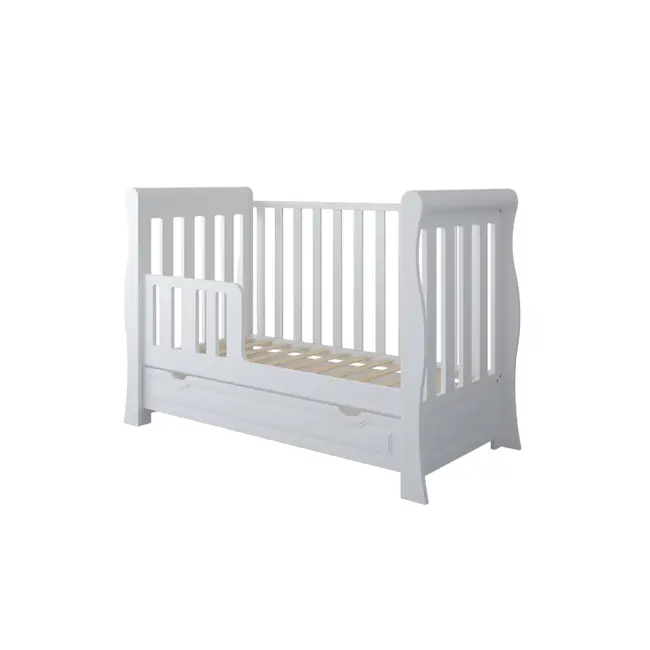 Patut 2 In 1 Megan Alb 120x60 Cm Din Lemn, 3 Niveluri Somiera, Trepte Detasabile + Bariera Transformare + Sertar Integrat Pjbmeganfull