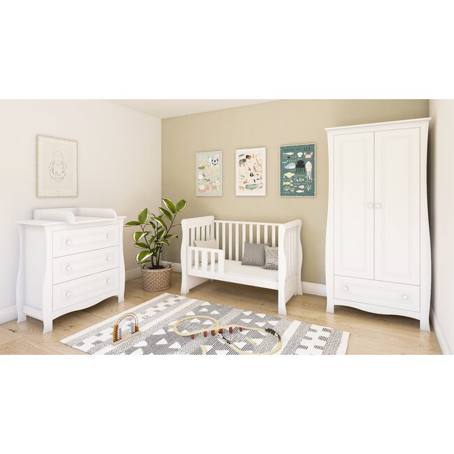 Patut 2 In 1 Megan Alb 120x60 Cm Din Lemn, 3 Niveluri Somiera, Trepte Detasabile + Bariera Transformare + Sertar Integrat Pjbmeganfull