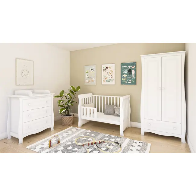 Patut 2 In 1 Megan Alb 120x60 Cm Din Lemn, 3 Niveluri Somiera, Trepte Detasabile + Bariera Transformare + Sertar Integrat Pjbmeganfull