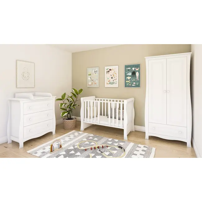 Patut 2 In 1 Megan Alb 120x60 Cm Din Lemn, 3 Niveluri Somiera, Trepte Detasabile + Bariera Transformare + Sertar Integrat Pjbmeganfull