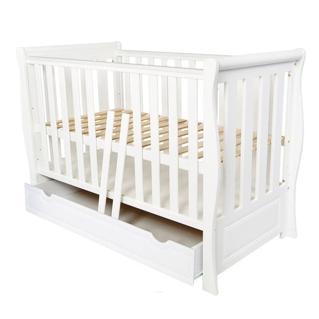 Patut 2 In 1 Megan Alb 120x60 Cm Din Lemn, 3 Niveluri Somiera, Trepte Detasabile + Bariera Transformare + Sertar Integrat Pjbmeganfull