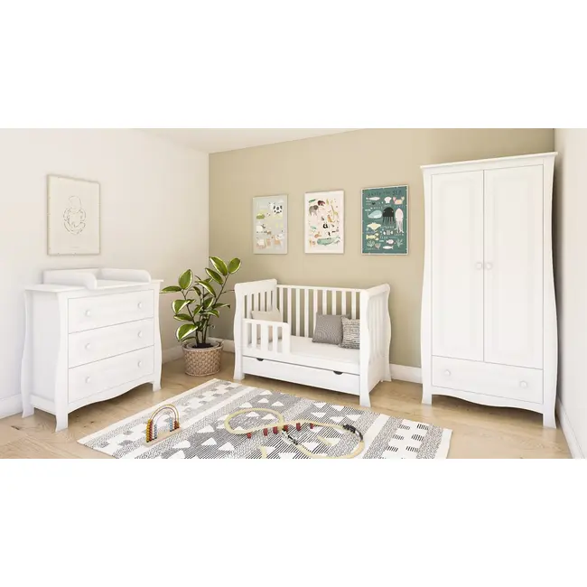 Patut 2 In 1 Megan Alb 120x60 Cm Din Lemn, 3 Niveluri Somiera, Trepte Detasabile + Bariera Transformare + Sertar Integrat Pjbmeganfull