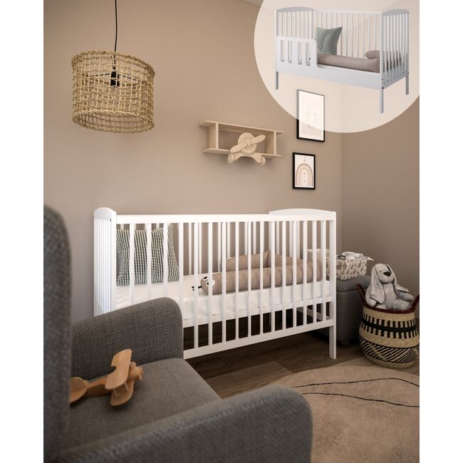 Patut 2 In 1 Pure Alb 120x60 Cm Din Lemn, 3 Niveluri Somiera, Trepte Detasabile + Bariera Transformare Pjbgrzesbw