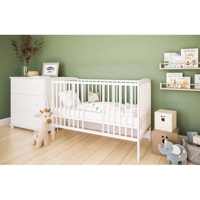 Patut 2 In 1 Pure Alb 120x60 Cm Din Lemn, 3 Niveluri Somiera, Trepte Detasabile + Bariera Transformare Pjbgrzesbw