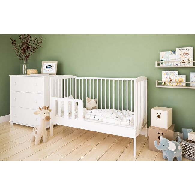 Patut 2 In 1 Pure Alb 120x60 Cm Din Lemn, 3 Niveluri Somiera, Trepte Detasabile + Bariera Transformare Pjbgrzesbw