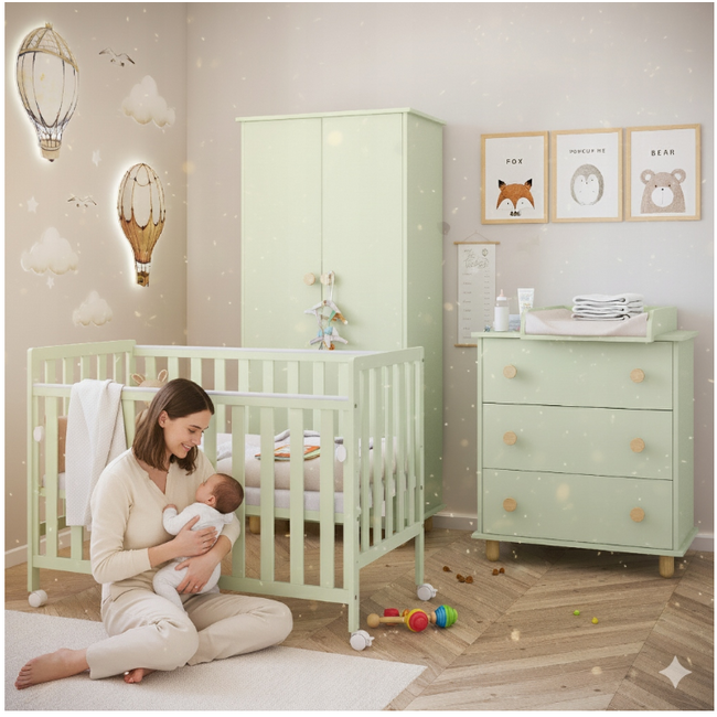 Patut Din Lemn Bambi Menta 120a 60 Cm Laterala Culisanta    Roti Cu Blocare    Protectie Silicon Pentru Dentitie    En 716-1 Pjbbambi120_m