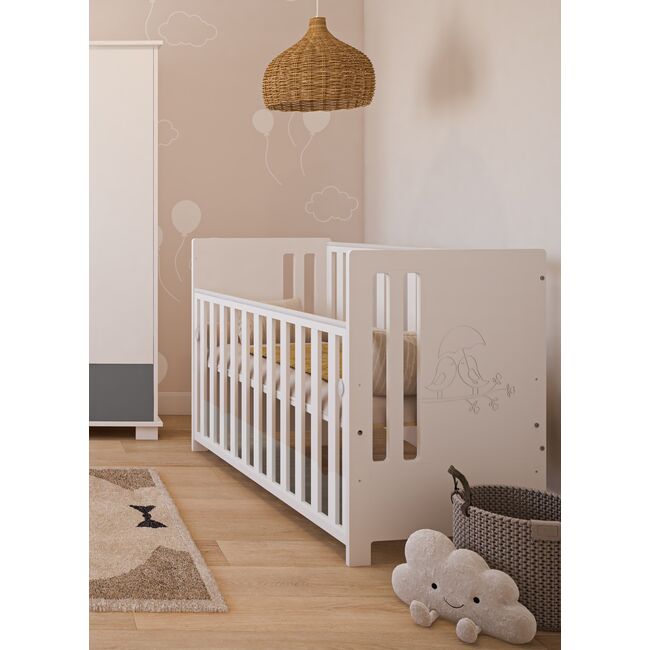 Patut Din Lemn Pasarele Alb 120a 60 Cm Laterala Culisanta    Protectie Silicon Pentru Dentitie    En 716-1 Pjbptaszki_w