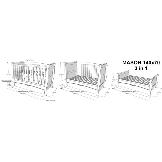 Patut Evolutiv 140x70 Cm Serenity 3in1 ,   Pat Bebe + Junior + Pat Prescolar, Somiera Reglabila Pjbmason140_w