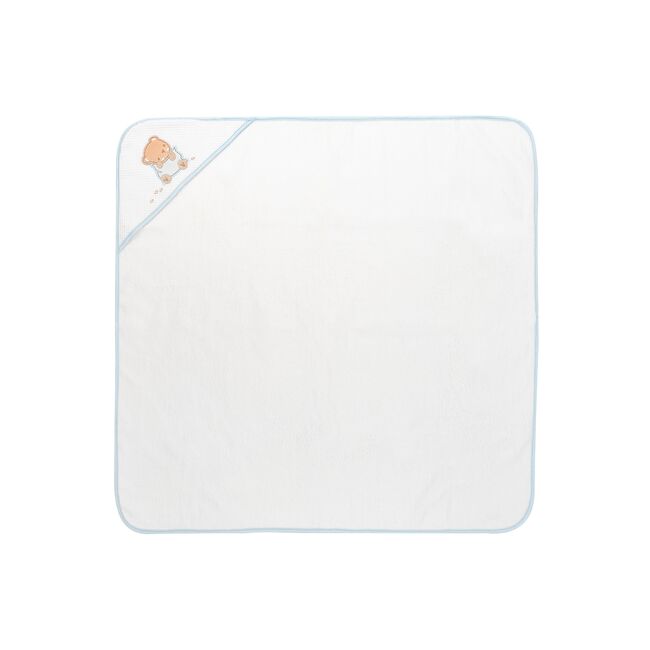 Prosop cu gluga pentru bebelusi, 100% bumbac, 90x90 cm, Alb-Blue