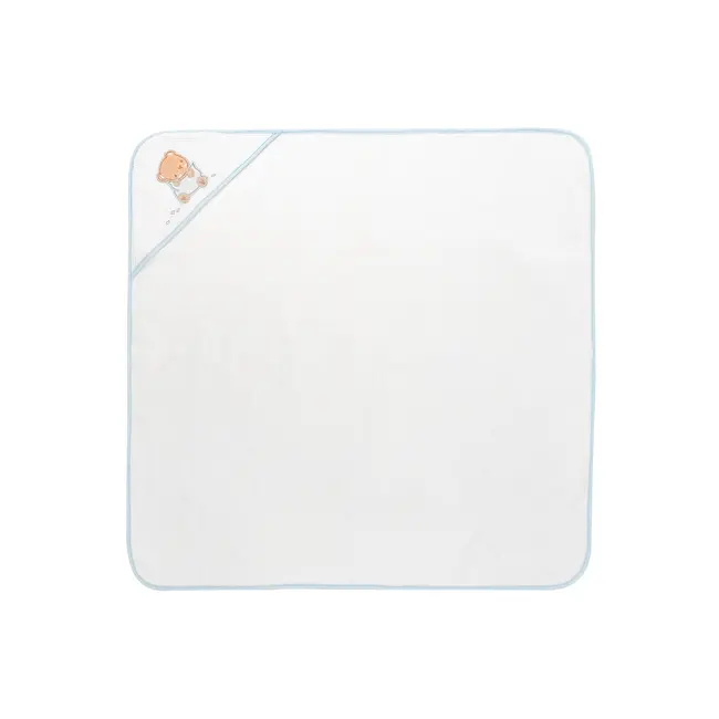Prosop cu gluga pentru bebelusi, 100% bumbac, 90x90 cm, Alb-Blue