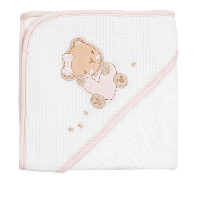 Prosop cu gluga pentru bebelusi, 100% bumbac, 90x90 cm, Alb-Roz