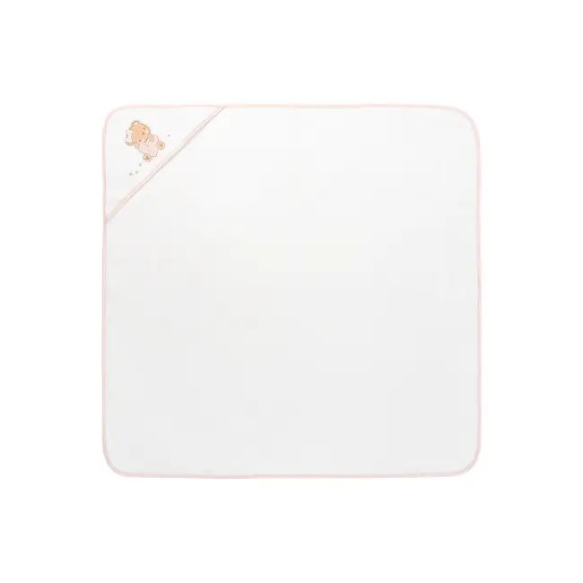 Prosop cu gluga pentru bebelusi, 100% bumbac, 90x90 cm, Alb-Roz