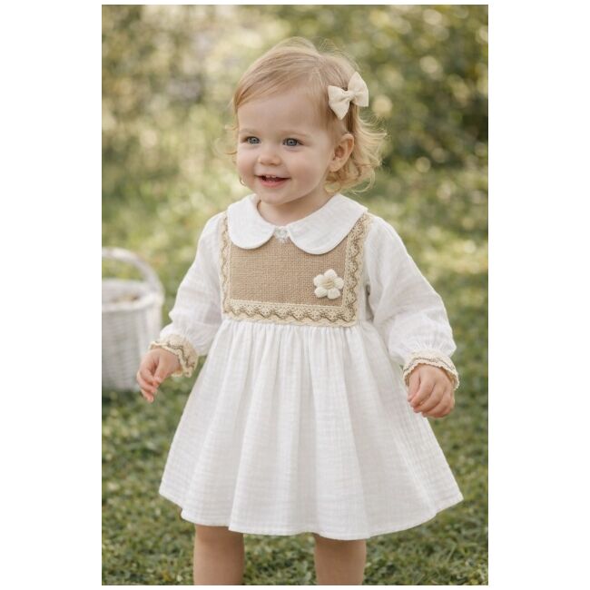 Rochita bebe fetita alba eleganta cu guler clasic dantela si design vintage premium trpb0214