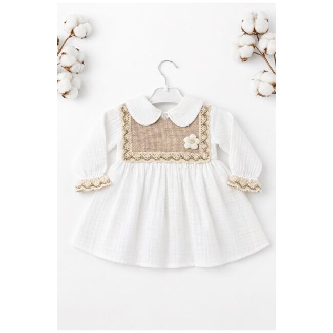 Rochita bebe fetita alba eleganta cu guler clasic dantela si design vintage premium trpb0214