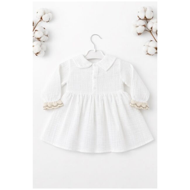 Rochita bebe fetita alba eleganta cu guler clasic dantela si design vintage premium trpb0214