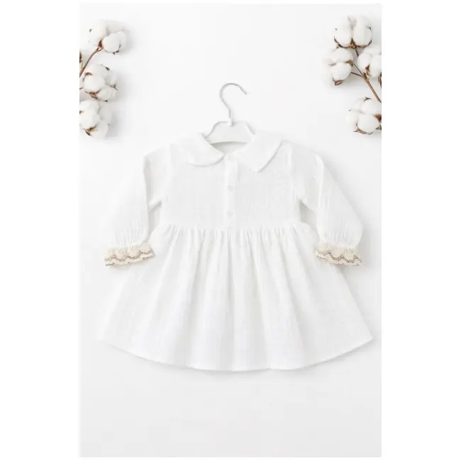 Rochita bebe fetita alba eleganta cu guler clasic dantela si design vintage premium trpb0214