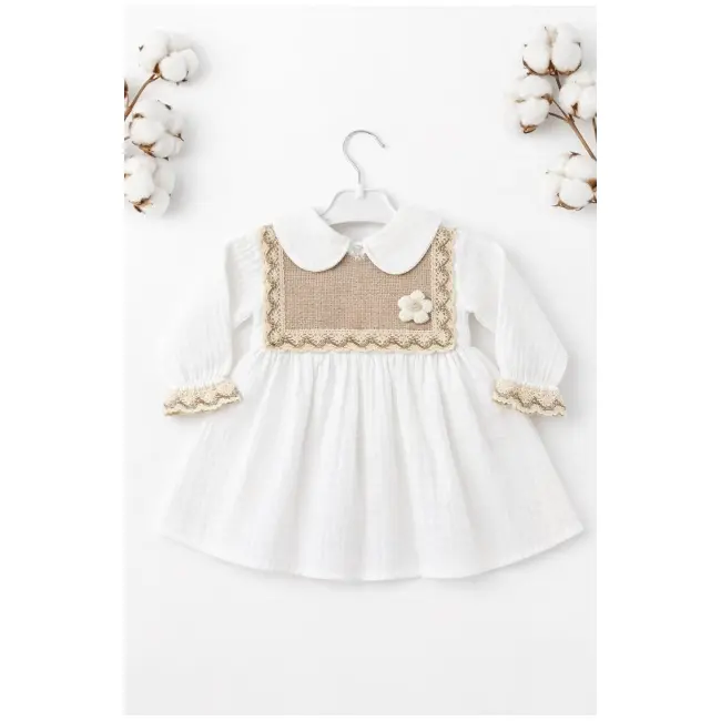 Rochita bebe fetita alba eleganta cu guler clasic dantela si design vintage premium trpb0214