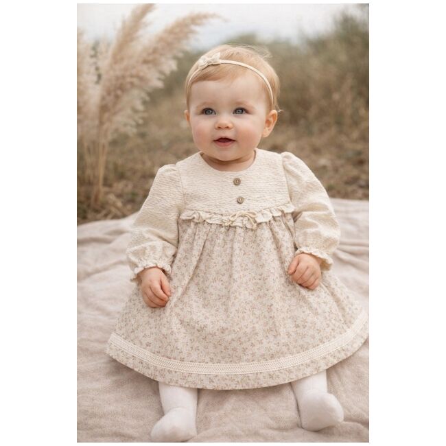 Rochita bebe fetita eleganta crem cu imprimeu floral dantela si design vintage premium trpb0215