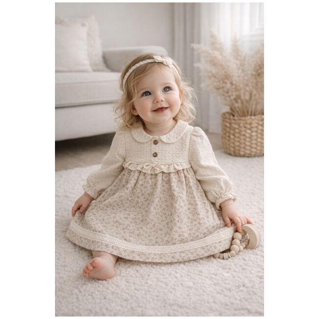 Rochita bebe fetita eleganta crem cu imprimeu floral dantela si design vintage premium trpb0215