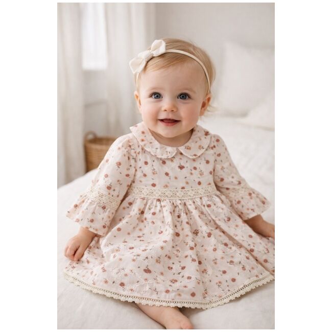 Rochita bebe fetita eleganta cu imprimeu floral guler rotund si dantela delicata trpb0212