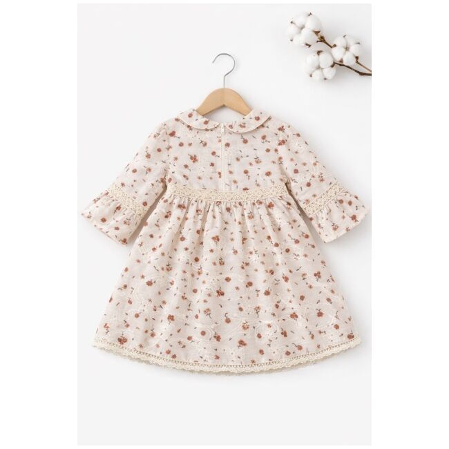 Rochita bebe fetita eleganta cu imprimeu floral guler rotund si dantela delicata trpb0212