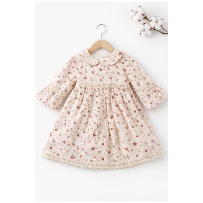 Rochita bebe fetita eleganta cu imprimeu floral guler rotund si dantela delicata trpb0212
