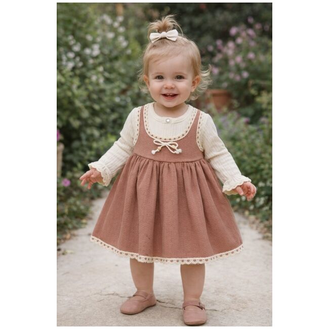 Rochita bebe fetita eleganta cu maneci lungi dantela si design vintage caramiziu trpb0213