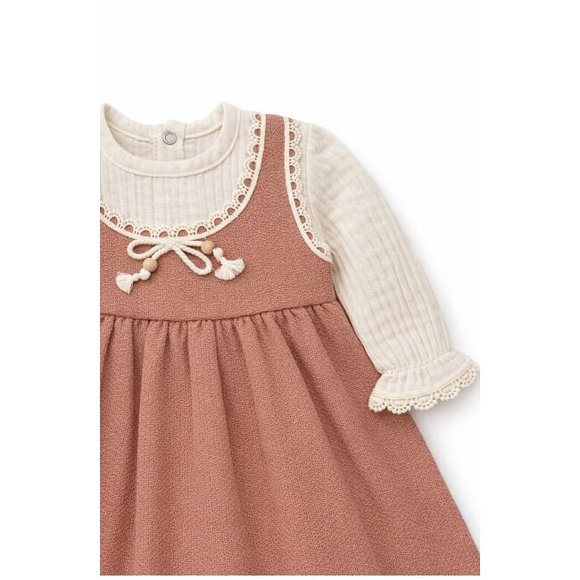 Rochita bebe fetita eleganta cu maneci lungi dantela si design vintage caramiziu trpb0213