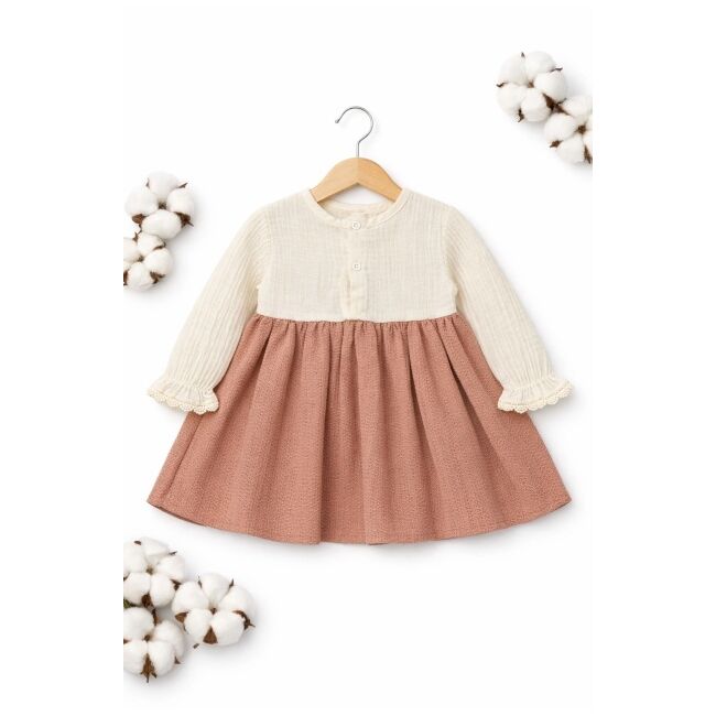 Rochita bebe fetita eleganta cu maneci lungi dantela si design vintage caramiziu trpb0213