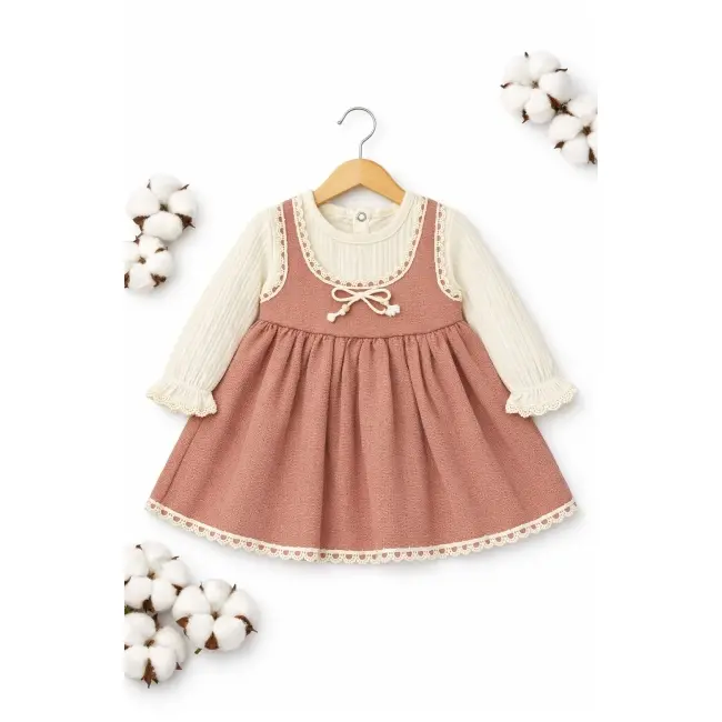 Rochita bebe fetita eleganta cu maneci lungi dantela si design vintage caramiziu trpb0213